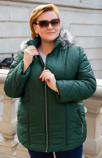 Leichte grüne Jacke für den Winter mit Kunstpelz