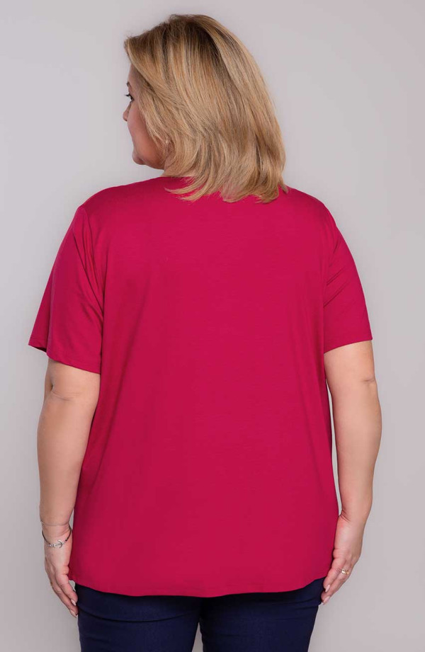 Amarantowa dzianinowa gładka koszulka plus size z krótkim rękawem | Modne Duże Rozmiary