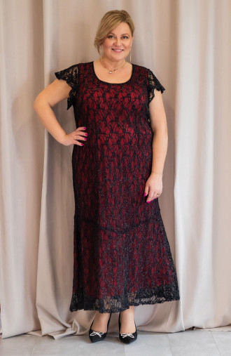 Langes schwarzes Spitzenkleid mit rotem Futter - für flauschige für eine Hochzeit | Mode Große Größen